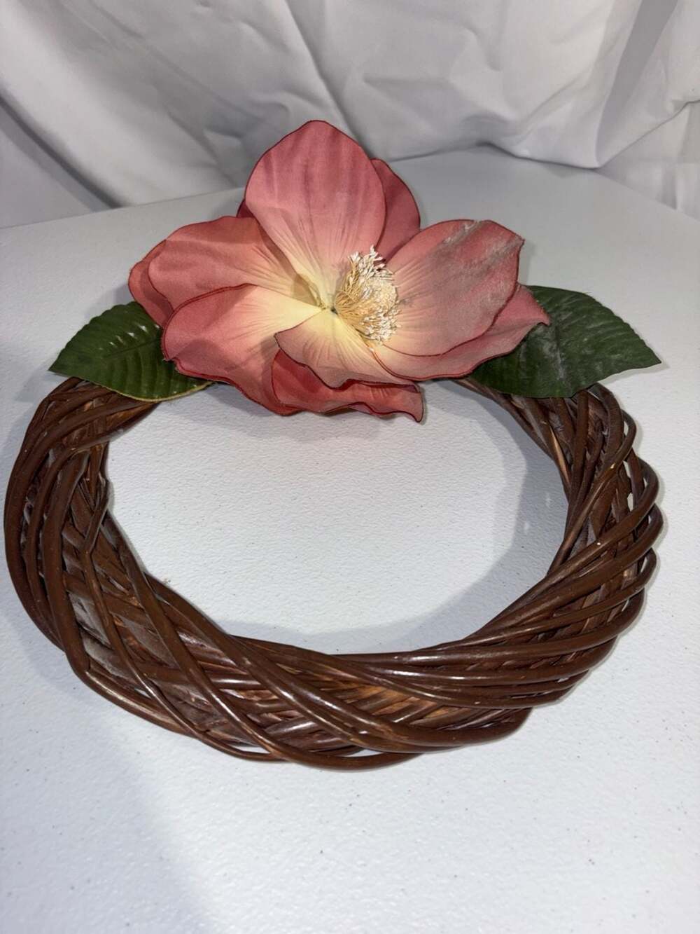 Brown Wicker Rattan Wreath with Artificial Dusty Pink Magnolia Flower Decor